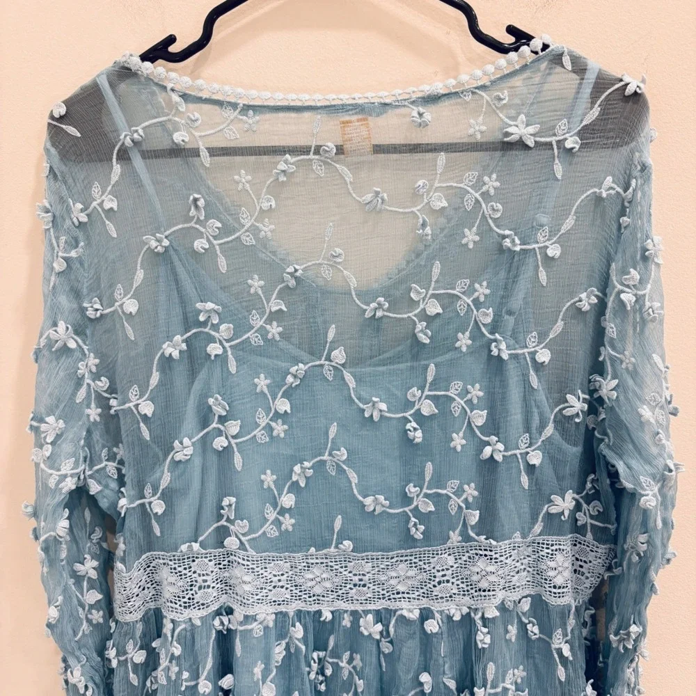 Sundance Blue Embroidered Mesh Lace Empire Waist Dress Sz 16 Boho Cottagecore - Picture 7 of 12